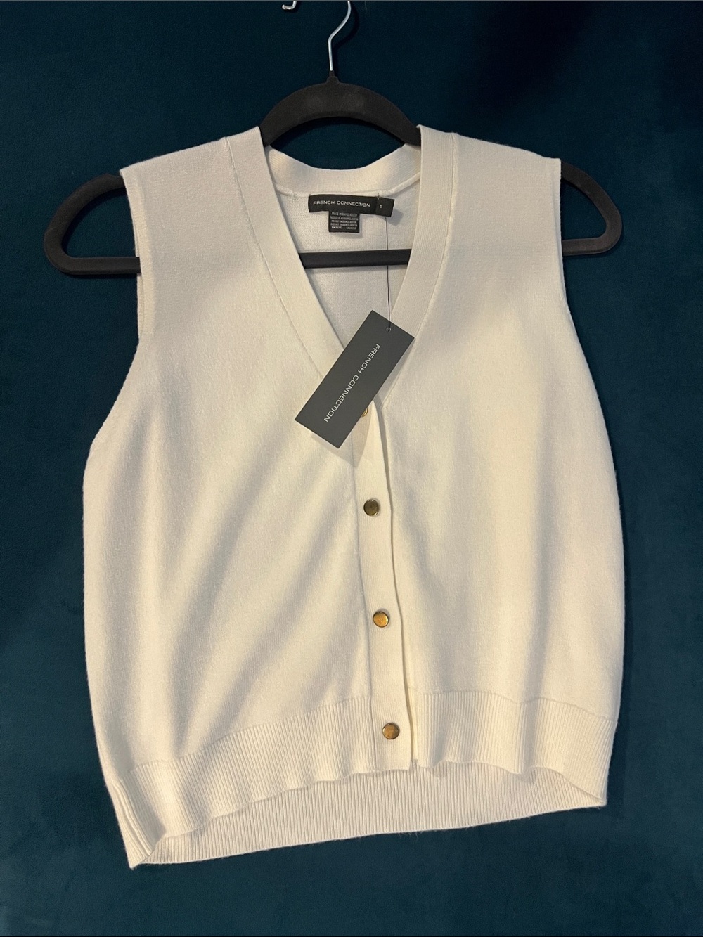 French Connection Cream V-Neck Button Knit Vest with Gold Buttons